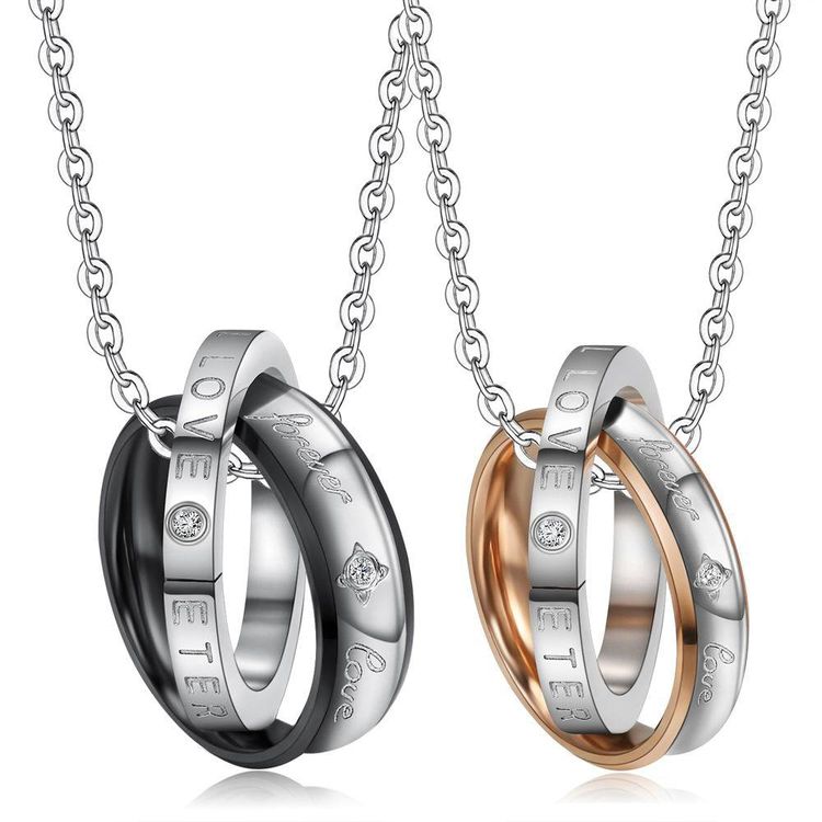 Korean fashion zirconia titanium steel double ring pendant couple necklace  | EaseWholesale