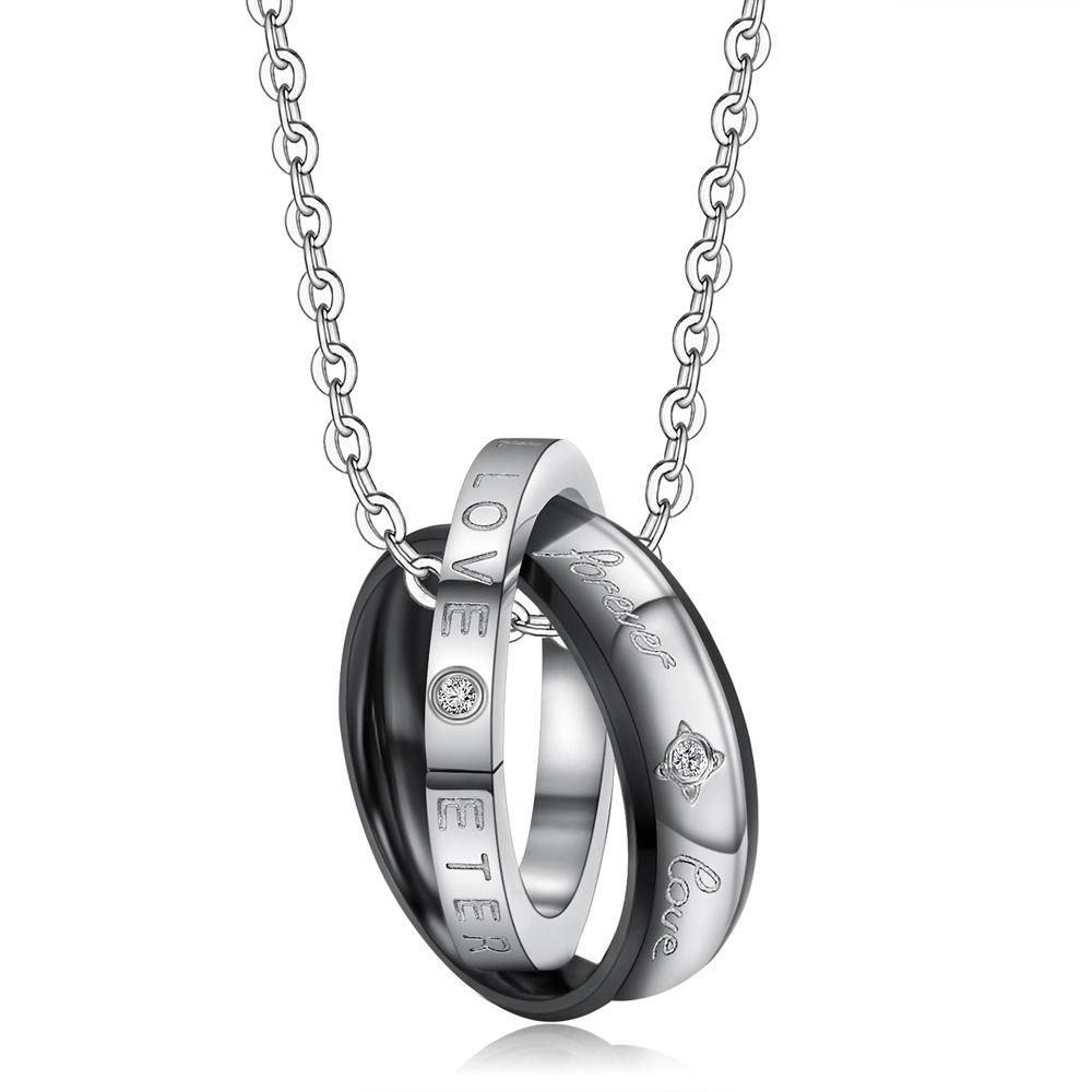 Korean fashion zirconia titanium steel double ring pendant couple necklace  | EaseWholesale 2 Korean fashion zirconia titanium steel double ring pendant couple necklace  | EaseWholesale 2