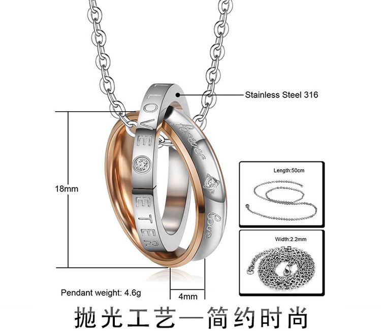 Korean fashion zirconia titanium steel double ring pendant couple necklace  | EaseWholesale 4 Korean fashion zirconia titanium steel double ring pendant couple necklace  | EaseWholesale 4