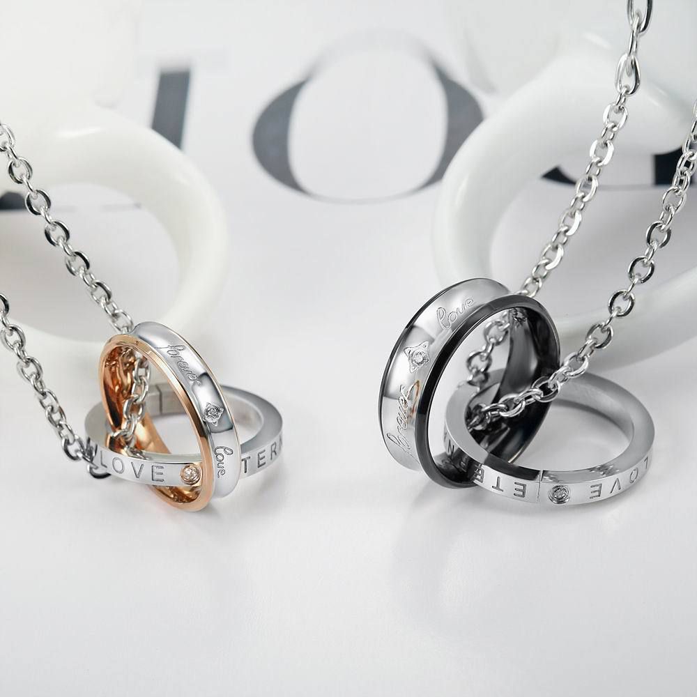 Korean fashion zirconia titanium steel double ring pendant couple necklace  | EaseWholesale 5 Korean fashion zirconia titanium steel double ring pendant couple necklace  | EaseWholesale 5
