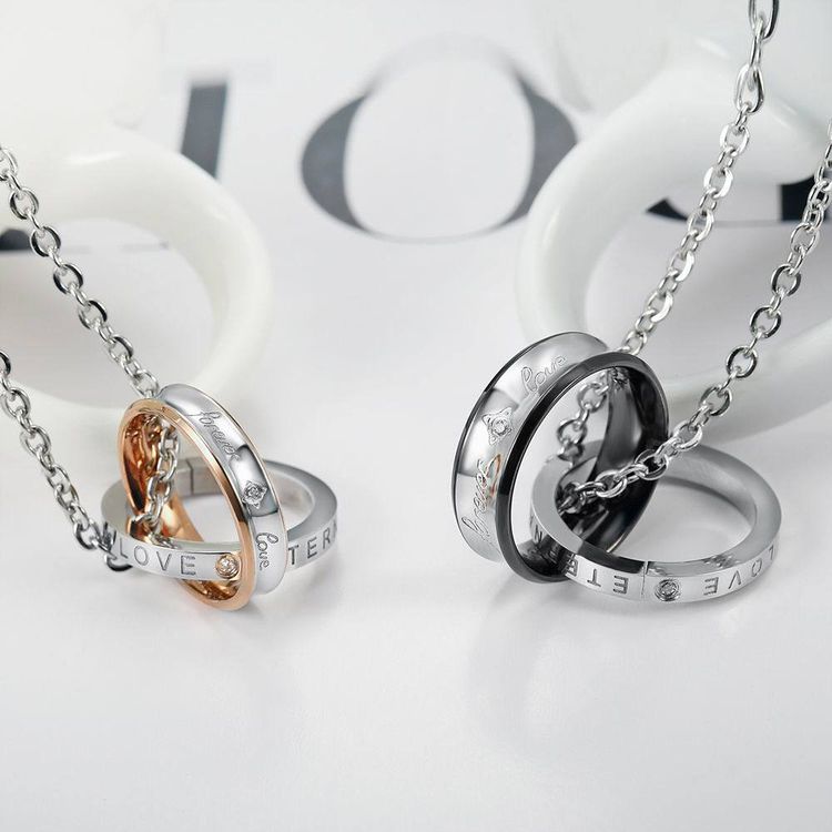 Korean fashion zirconia titanium steel double ring pendant couple necklace  | EaseWholesale 5 Korean fashion zirconia titanium steel double ring pendant couple necklace  | EaseWholesale 5