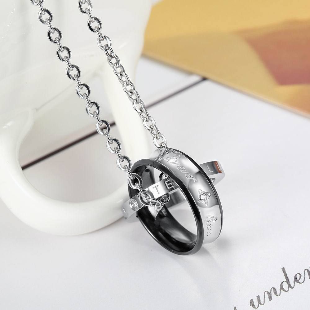 Korean fashion zirconia titanium steel double ring pendant couple necklace  | EaseWholesale 6 Korean fashion zirconia titanium steel double ring pendant couple necklace  | EaseWholesale 6