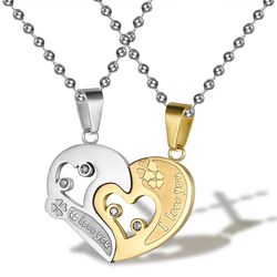 New Trendy love puzzle rhinestone stainless steel couple necklace  | EaseWholesale