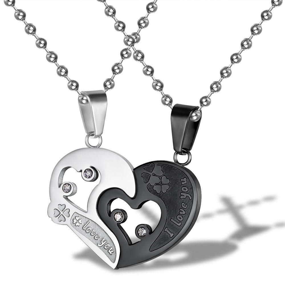 New Trendy love puzzle rhinestone stainless steel couple necklace  | EaseWholesale 1 New Trendy love puzzle rhinestone stainless steel couple necklace  | EaseWholesale 1