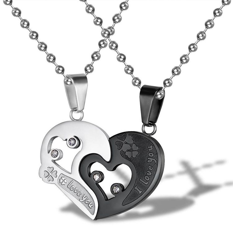 New Trendy love puzzle rhinestone stainless steel couple necklace  | EaseWholesale