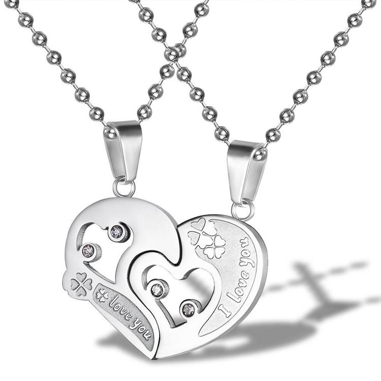 New Trendy love puzzle rhinestone stainless steel couple necklace  | EaseWholesale 2 New Trendy love puzzle rhinestone stainless steel couple necklace  | EaseWholesale 2