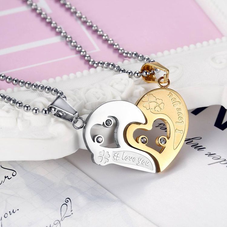 New Trendy love puzzle rhinestone stainless steel couple necklace  | EaseWholesale 4 New Trendy love puzzle rhinestone stainless steel couple necklace  | EaseWholesale 4