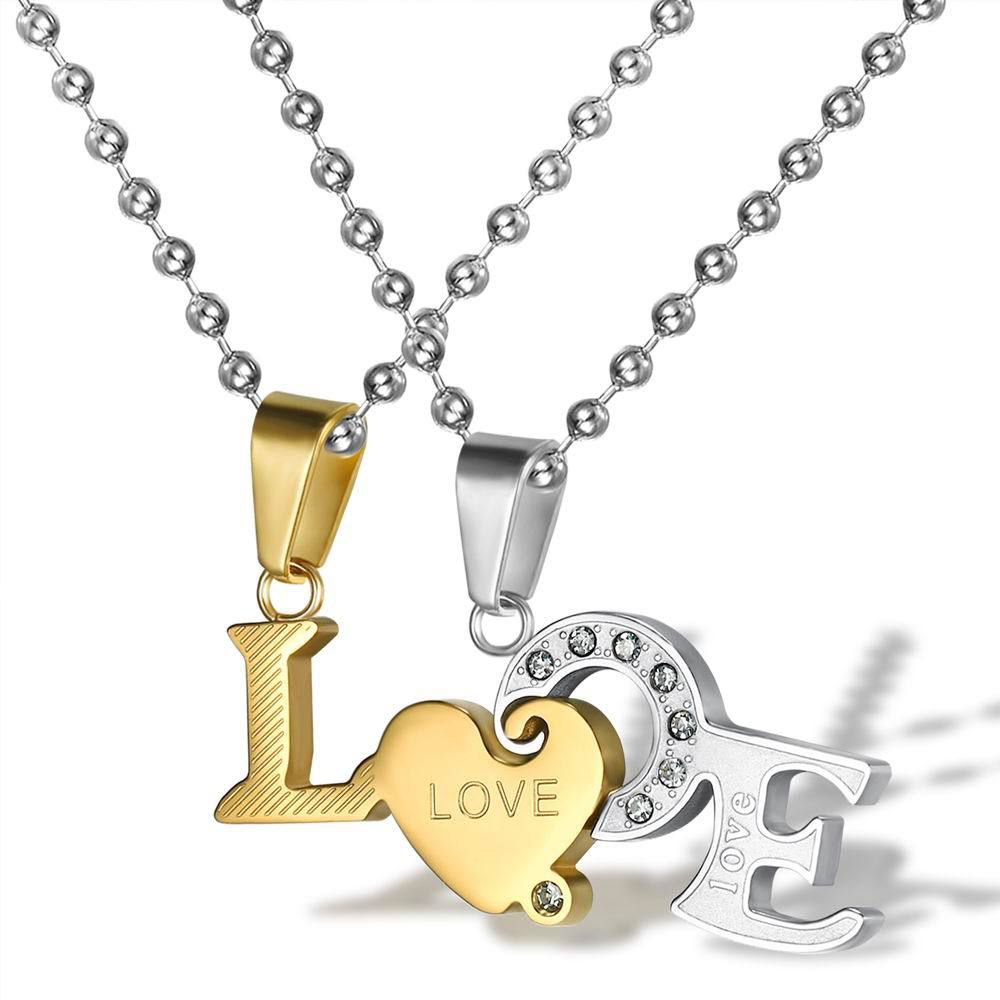 Wholesale Titanium Couple's Necklace LOVE Letters Zirconia Patchwork Pendant  | EaseWholesale 0