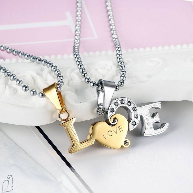 Wholesale Titanium Couple's Necklace LOVE Letters Zirconia Patchwork Pendant  | EaseWholesale 3