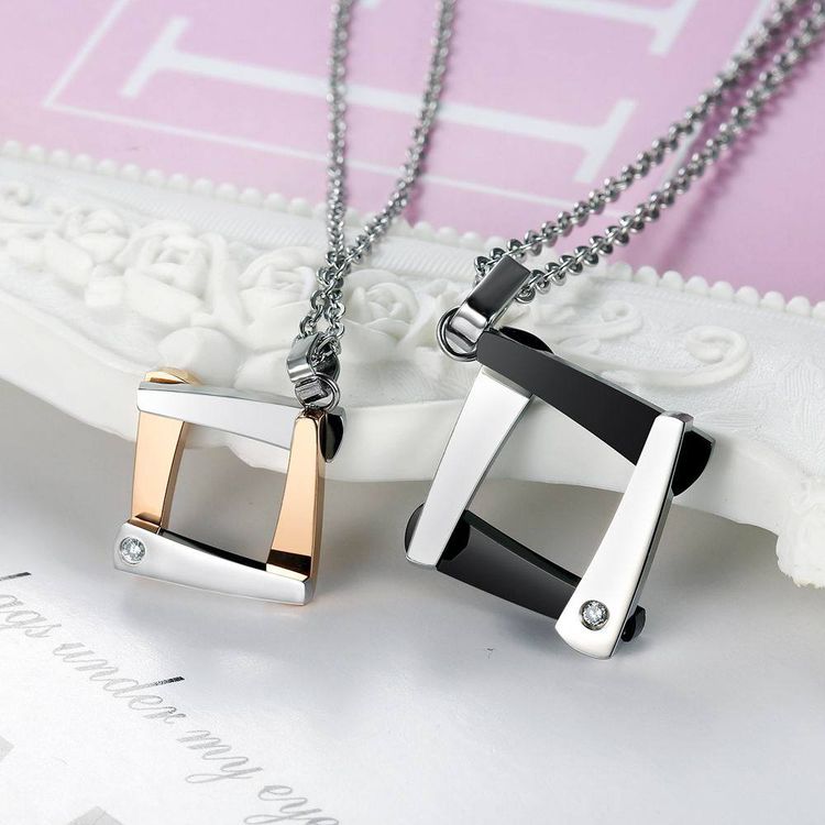 Titanium Couple Necklace Personalized Quadrangle Cubic Zircon Pendant | EaseWholesale