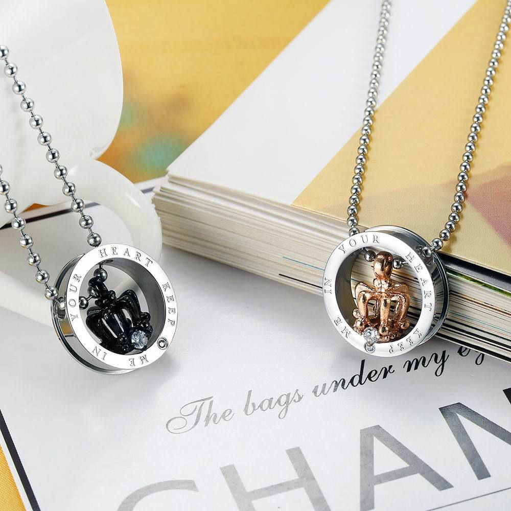 Black Gold Crown Circle Pendant Rhinestone Stainless Steel Couple Necklace | EaseWholesale 1 Black Gold Crown Circle Pendant Rhinestone Stainless Steel Couple Necklace | EaseWholesale 1
