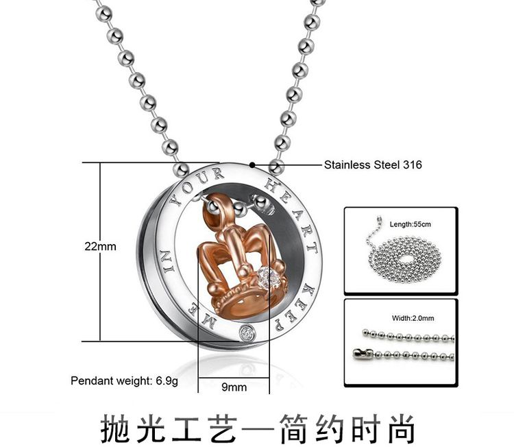 Black Gold Crown Circle Pendant Rhinestone Stainless Steel Couple Necklace | EaseWholesale 5 Black Gold Crown Circle Pendant Rhinestone Stainless Steel Couple Necklace | EaseWholesale 5