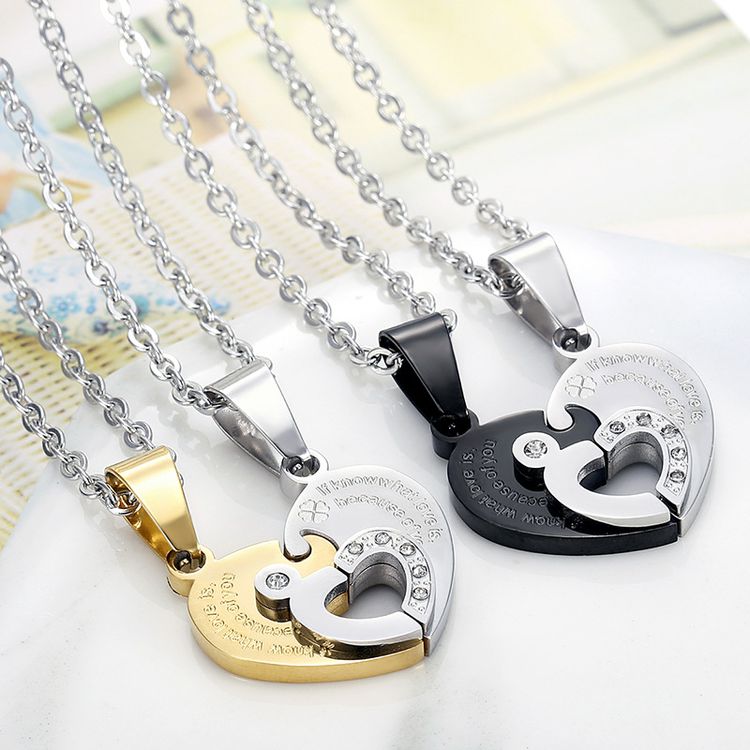Love Spliced Zirconia Pendant Wholesale Stainless Steel Couple Necklace Gift | EaseWholesale 3