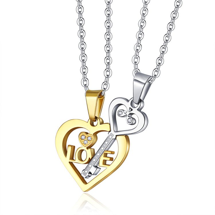 Pendant heart puzzle key couple titanium steel necklace sweater chain wholesale | EaseWholesale