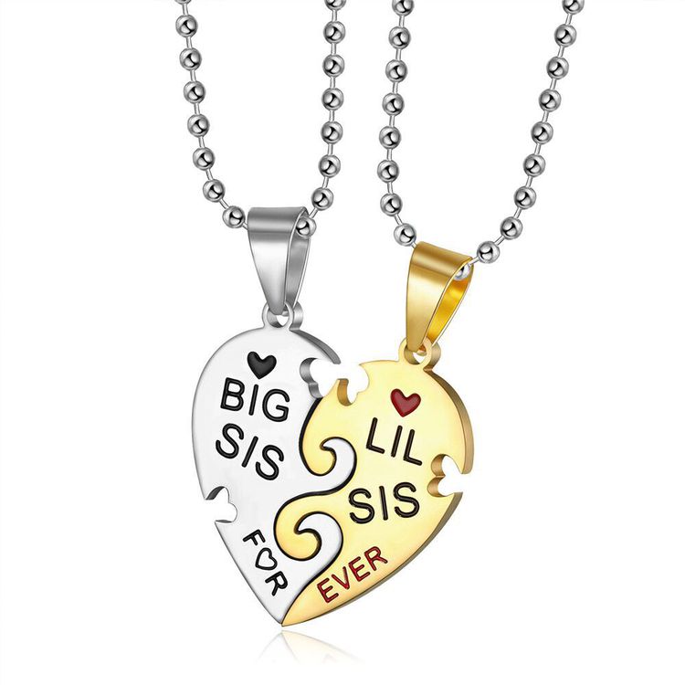 Big Little Sister Family Friendship Peach Heart Puzzle Stainless Steel Necklace | EaseWholesale