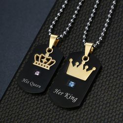 Wholesale Crown Stainless Steel Couple Necklace Her King His Queen Military Pendant  | EaseWholesale