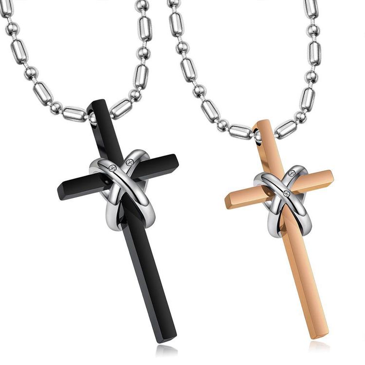 New Korean style titanium steel cross double ring CZ pendant couple necklace | EaseWholesale
