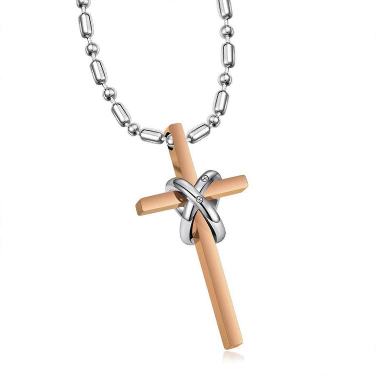 New Korean style titanium steel cross double ring CZ pendant couple necklace | EaseWholesale