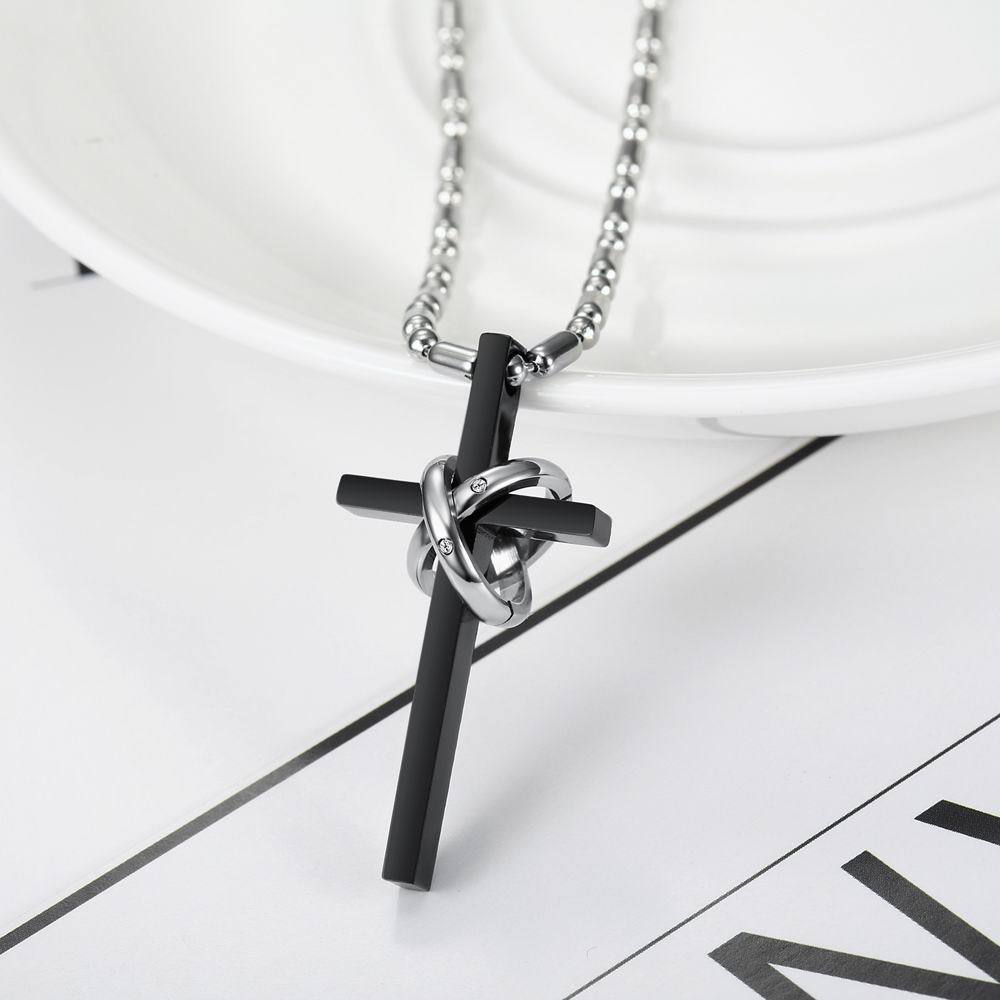 New Korean style titanium steel cross double ring CZ pendant couple necklace | EaseWholesale 5 New Korean style titanium steel cross double ring CZ pendant couple necklace | EaseWholesale 5