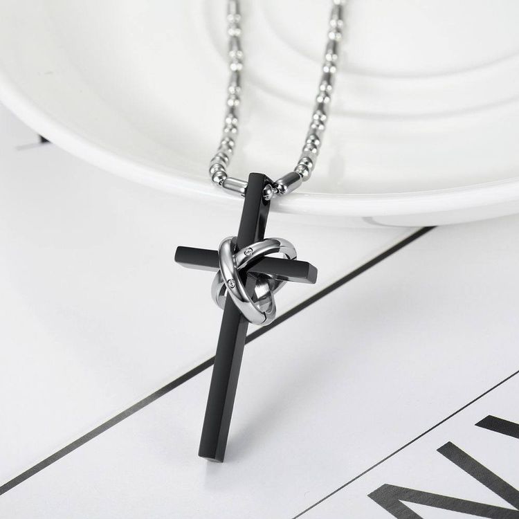 New Korean style titanium steel cross double ring CZ pendant couple necklace | EaseWholesale 5 New Korean style titanium steel cross double ring CZ pendant couple necklace | EaseWholesale 5