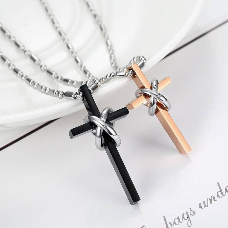 New Korean style titanium steel cross double ring CZ pendant couple necklace | EaseWholesale 6 New Korean style titanium steel cross double ring CZ pendant couple necklace | EaseWholesale 6
