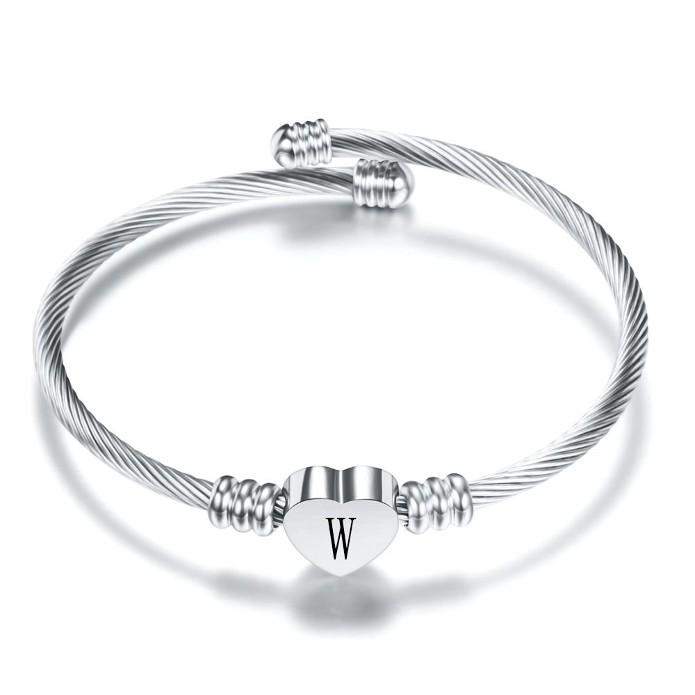 26 Alphabet Heart 316L Stainless Steel Bangle Bracelet | EaseWholesale 3